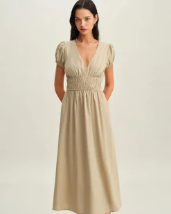 Beige Ruched Puffed Sleeve Midi Dress