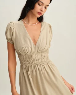 Beige Ruched Puffed Sleeve Midi Dress