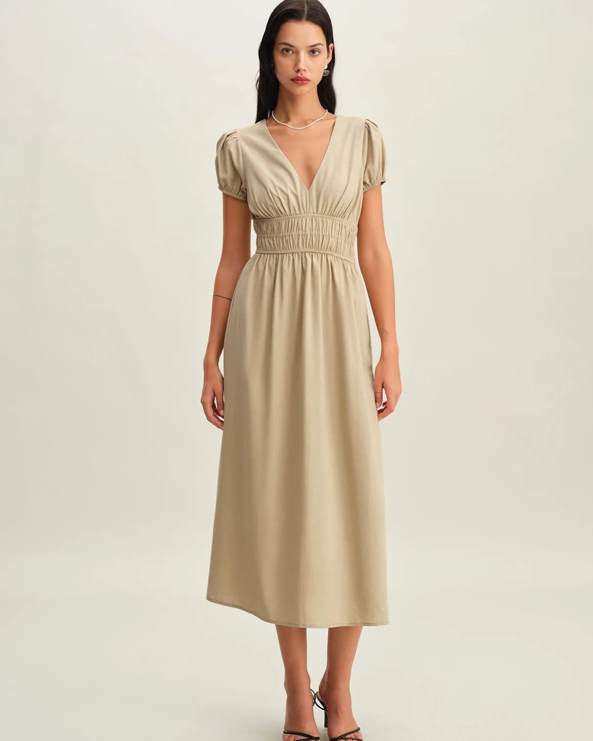 Beige Ruched Puffed Sleeve Midi Dress