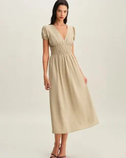 Beige Ruched Puffed Sleeve Midi Dress