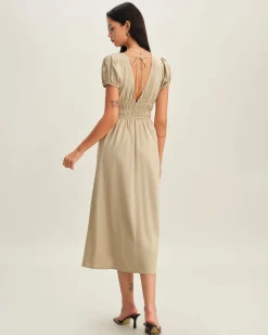 Beige Ruched Puffed Sleeve Midi Dress
