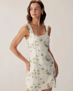 Beige Square Neck Embroidery Slit Slip Mini Dress