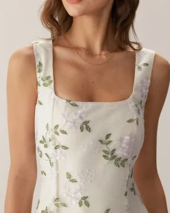 Beige Square Neck Embroidery Slit Slip Mini Dress