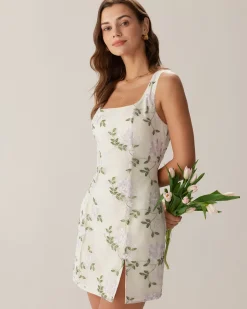Beige Square Neck Embroidery Slit Slip Mini Dress