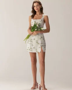 Beige Square Neck Embroidery Slit Slip Mini Dress
