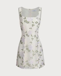 Beige Square Neck Embroidery Slit Slip Mini Dress