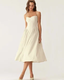 Beige Square Neck Pocket Slip Midi Dress