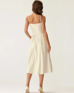Beige Square Neck Pocket Slip Midi Dress