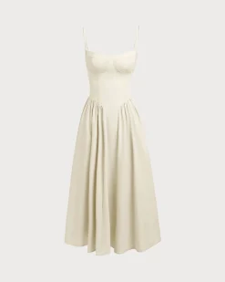 Beige Square Neck Pocket Slip Midi Dress