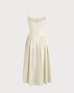 Beige Square Neck Pocket Slip Midi Dress