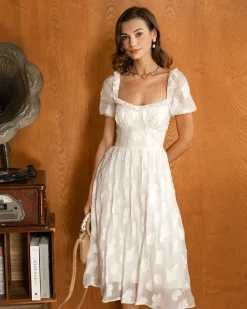 Beige Square Neck Puffed Sleeve Midi Dress