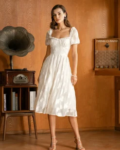 Beige Square Neck Puffed Sleeve Midi Dress