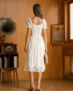 Beige Square Neck Puffed Sleeve Midi Dress