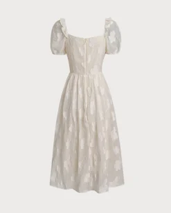 Beige Square Neck Puffed Sleeve Midi Dress
