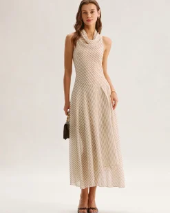 Beige Striped Cowl Neck Sleeveless Midi Dress
