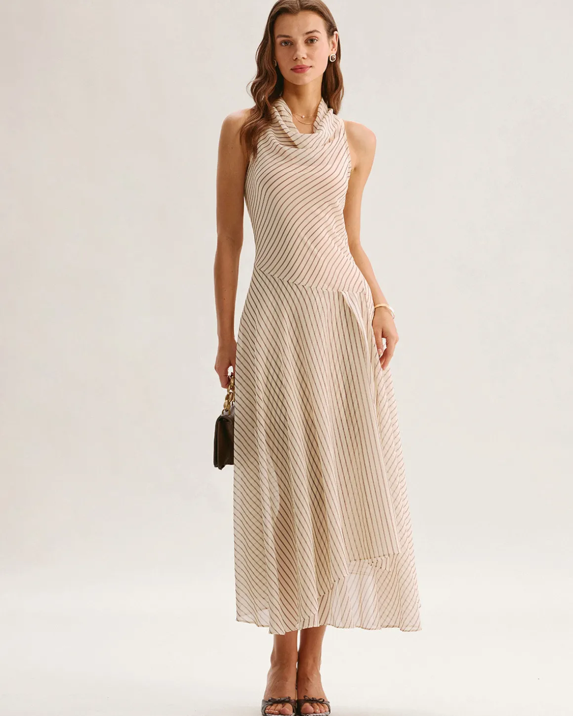 Beige Striped Cowl Neck Sleeveless Midi Dress