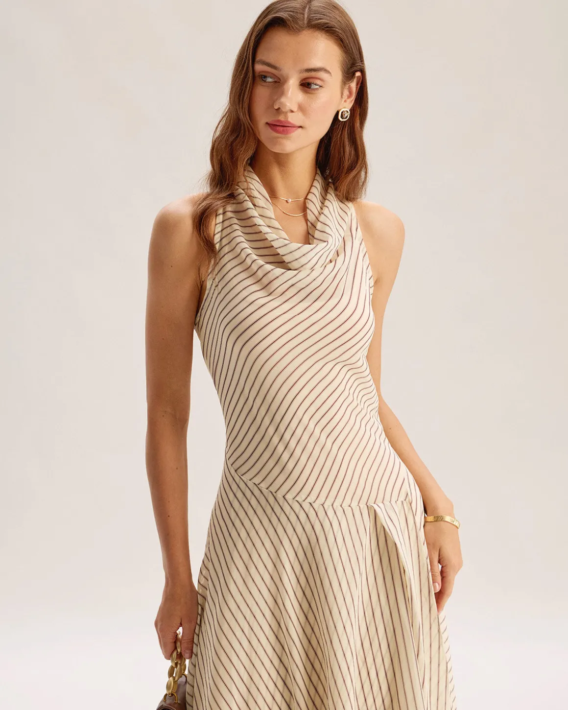 Beige Striped Cowl Neck Sleeveless Midi Dress