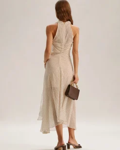 Beige Striped Cowl Neck Sleeveless Midi Dress