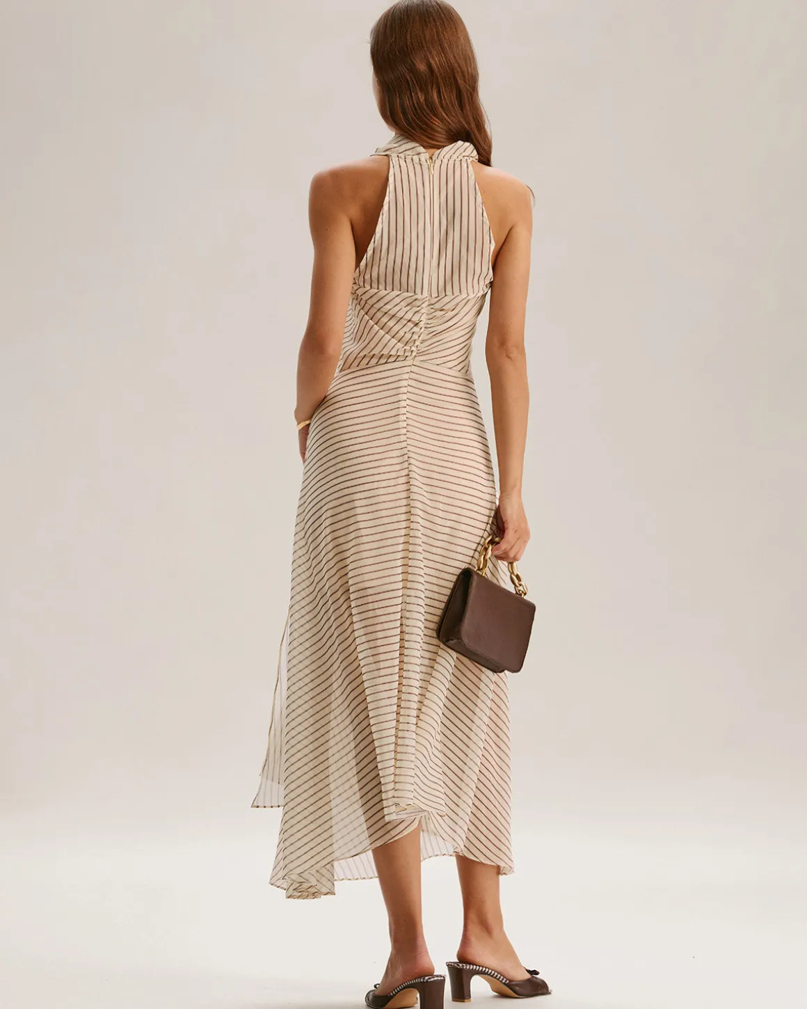 Beige Striped Cowl Neck Sleeveless Midi Dress