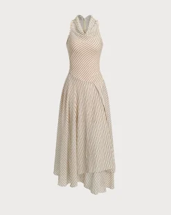 Beige Striped Cowl Neck Sleeveless Midi Dress