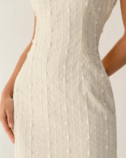 Beige Textured Beaded Slip Midi Dress