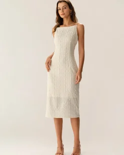 Beige Textured Beaded Slip Midi Dress