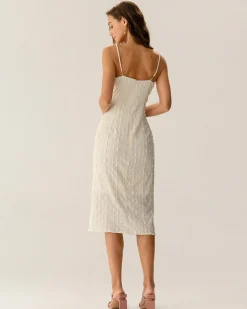 Beige Textured Beaded Slip Midi Dress