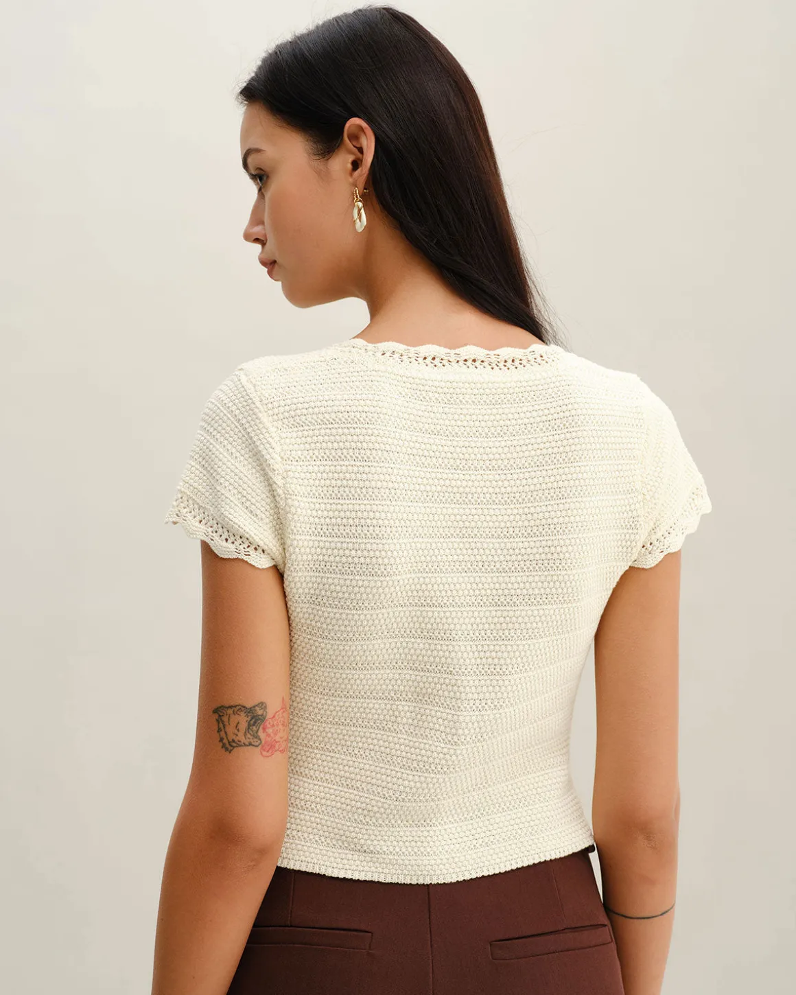 Beige U Neck Textured Cardigan