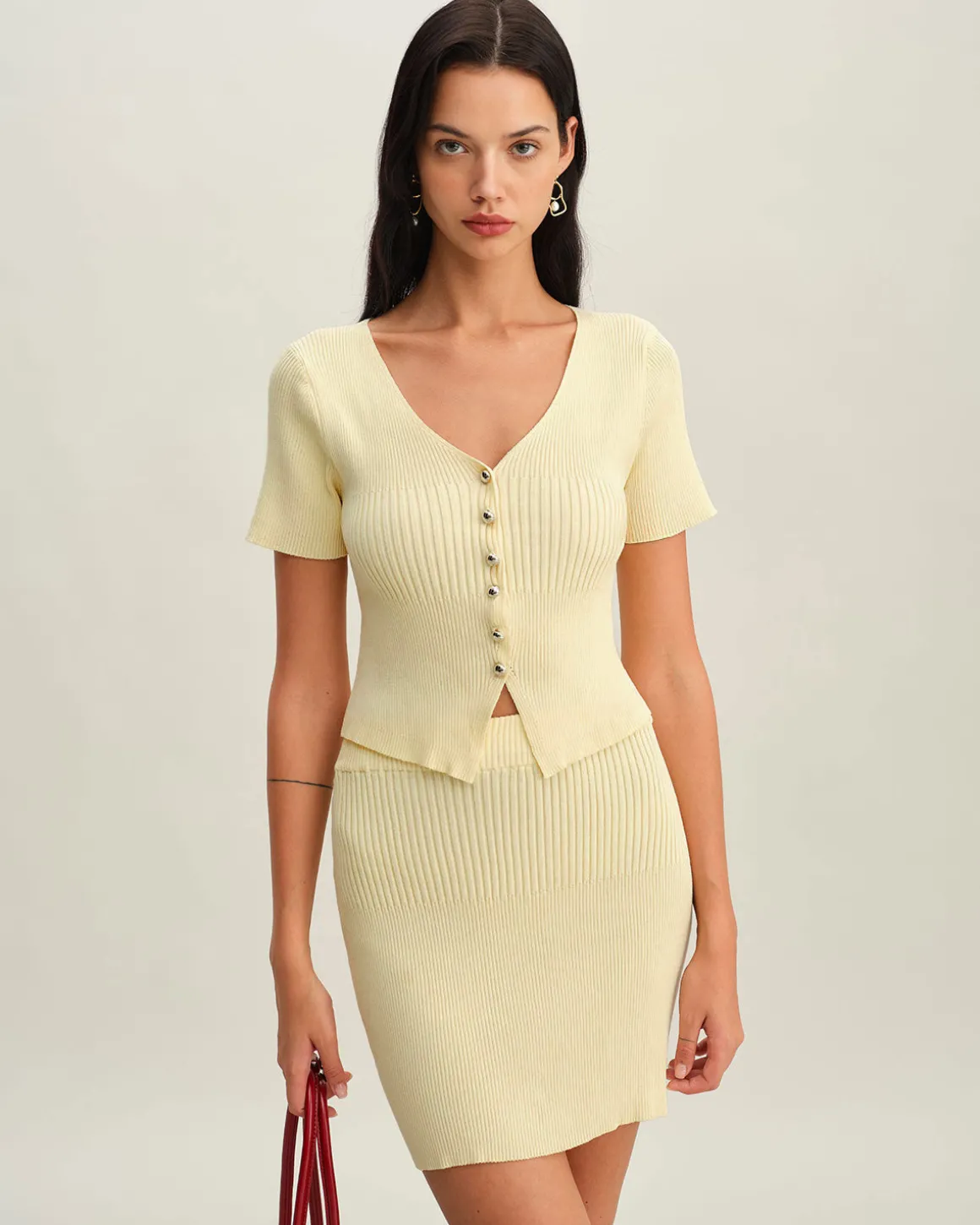 Beige V Neck Button Knit Cardigan
