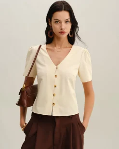 Beige V Neck Button Short Sleeve Blouse