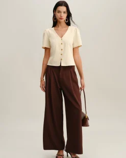 Beige V Neck Button Short Sleeve Blouse