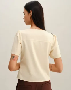 Beige V Neck Button Short Sleeve Blouse