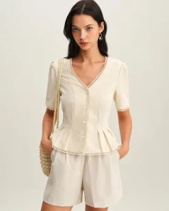 Beige V Neck Pleated Button Blouse