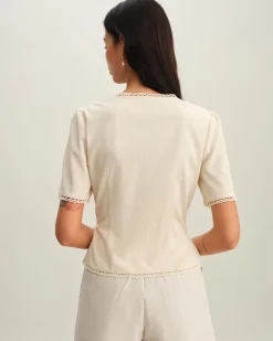 Beige V Neck Pleated Button Blouse