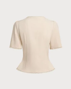 Beige V Neck Pleated Button Blouse
