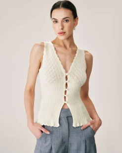 Beige V Neck Ribbed Knit Tank
