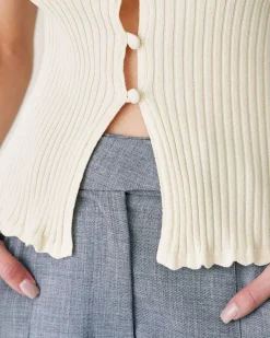 Beige V Neck Ribbed Knit Tank