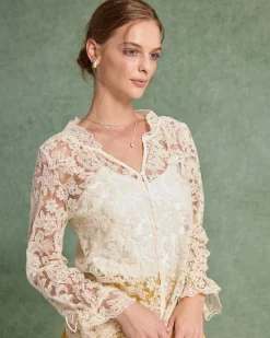 Beige V Neck Ruffle Blouse