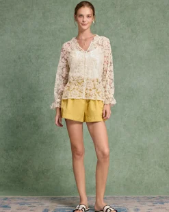 Beige V Neck Ruffle Blouse