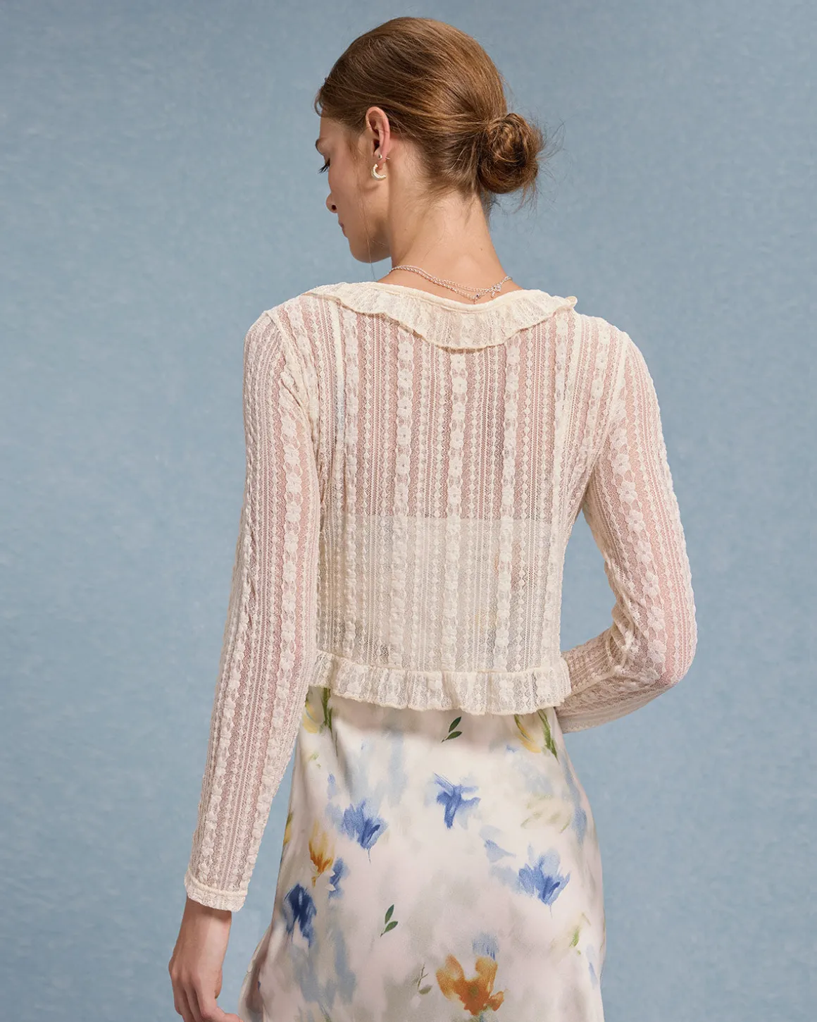 Beige V Neck Ruffle Cardigan