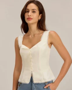Beige Vest V Neck Lace Tie-Back Vest