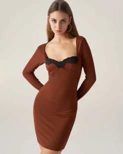 Bettydress-Brown Lace Splicing Bodycon Mini Dress