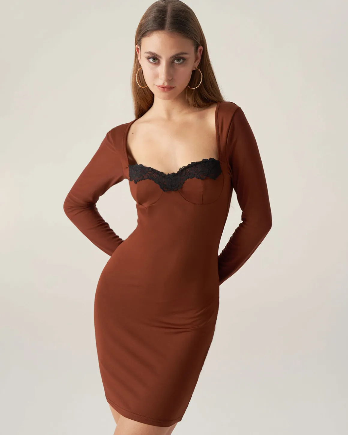 Bettydress-Brown Lace Splicing Bodycon Mini Dress