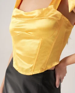 Bettydress-Yellow Satin Tie Strap Cami Top