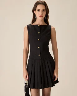 Black Boat Neck Pleated Mini Dress