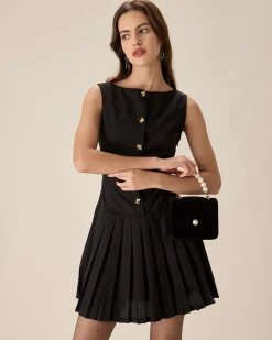 Black Boat Neck Pleated Mini Dress