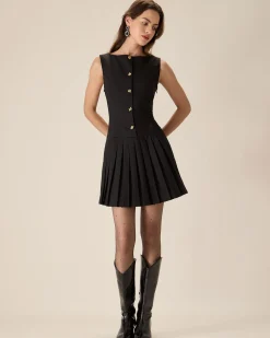 Black Boat Neck Pleated Mini Dress
