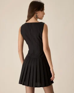 Black Boat Neck Pleated Mini Dress