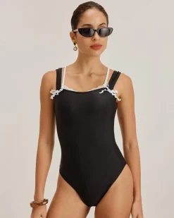 Black Contrast Lace One-Piece Swimsuit