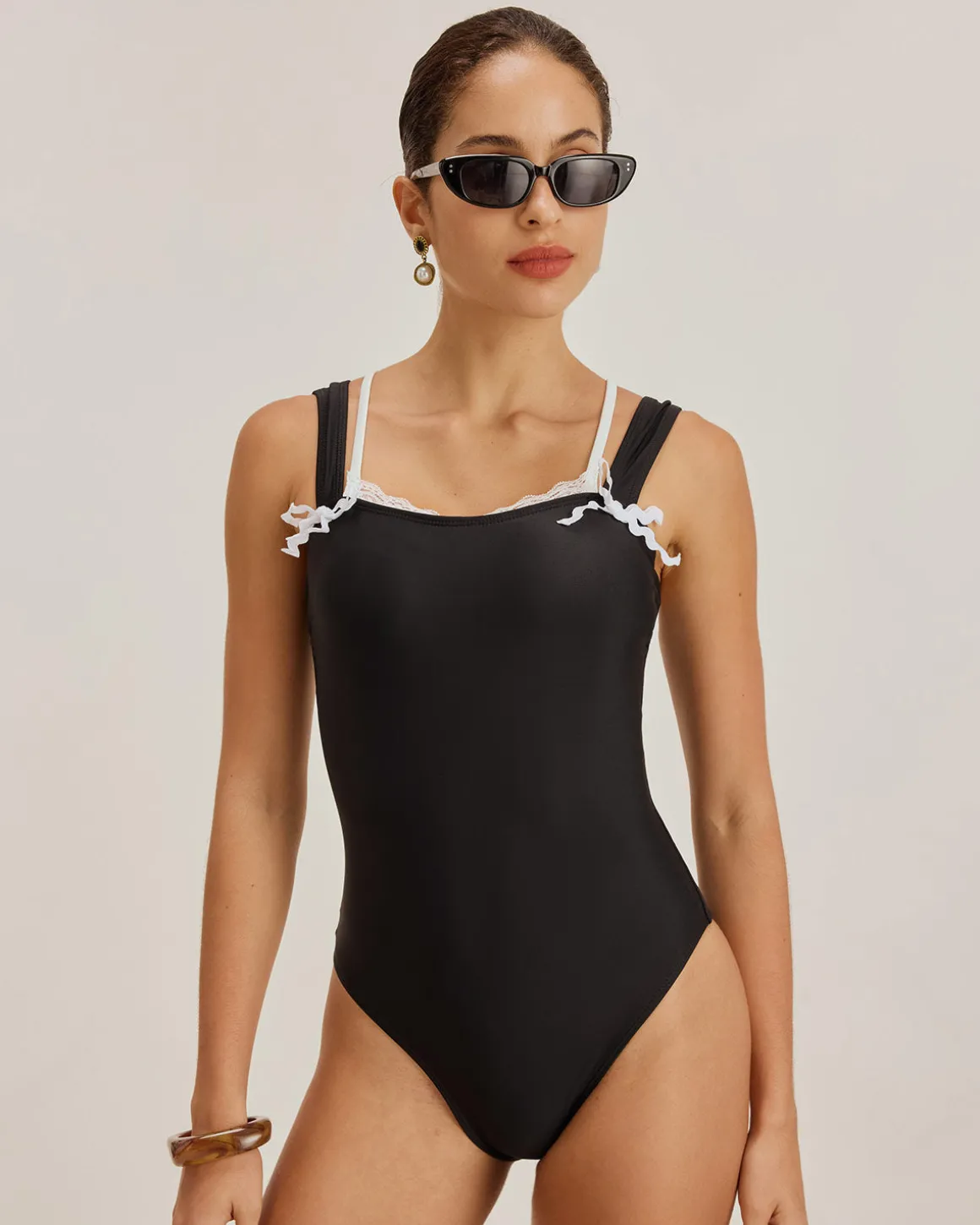 Black Contrast Lace One-Piece Swimsuit